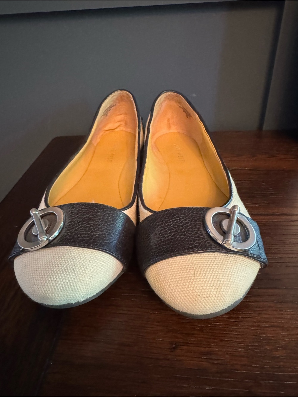 Nine West Cream Canvas and Black Leather Ballet Flats